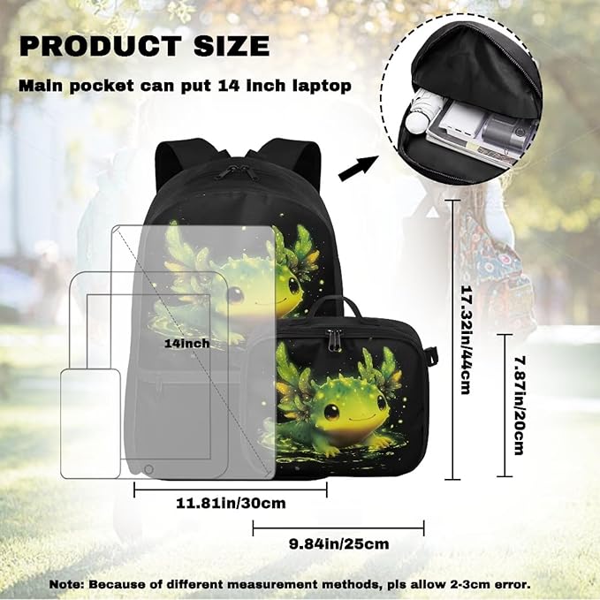 HUGS IDEA Glowing Axolotl Backpack and Lunch Box Set Girls Elementary School Bookbag Cute Backpack for Girls 6-8 Lightweight School Bag for Kids Daypack Children Bookbag