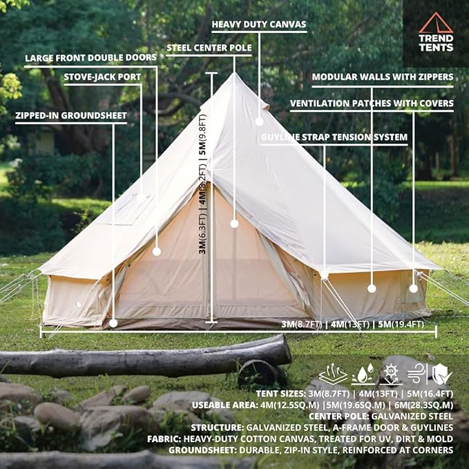 Trend Tents Standard Bell Tent – 200GSM Poly-Cotton Canvas, Stove Jack, Sewn-in Groundsheet, Galvanized Steel Poles, Waterproof & UV-Resistant, 3-Season, Available in 3M / 4M / 5M / 6M