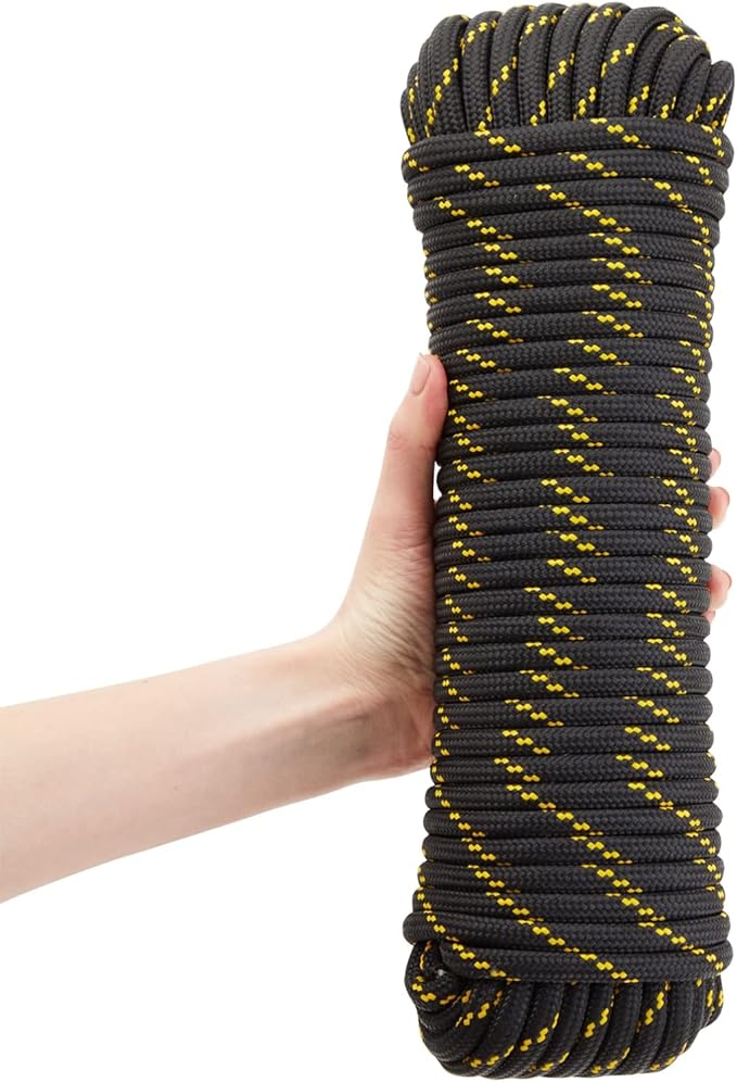 Diamond Braided Rope - 3/8 in x 100 ft, Black & Yellow Polyester - Low Stretch & High Shock Absorbency for Boat Rope, Trailer Tie Down, Emergency Shelter & Outdoor Gear