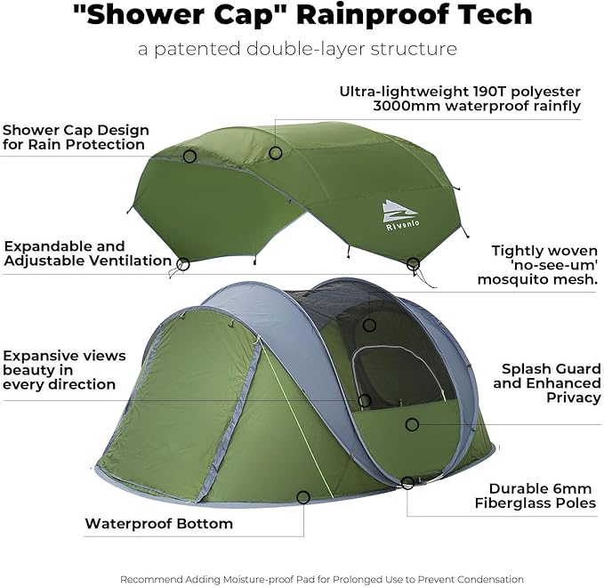 4 Person Easy Pop Up Tent, Waterproof, Automatic Setup,2 Doors-Instant Family Tents for Camping, Hiking & Traveling
