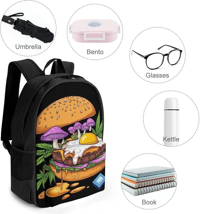 Daypack Backpack Anti-Theft Multipurpose Big Capacity Bookbag, Mushrooms Trippy Hamburger Art Business Computer Bag With Side Pockets