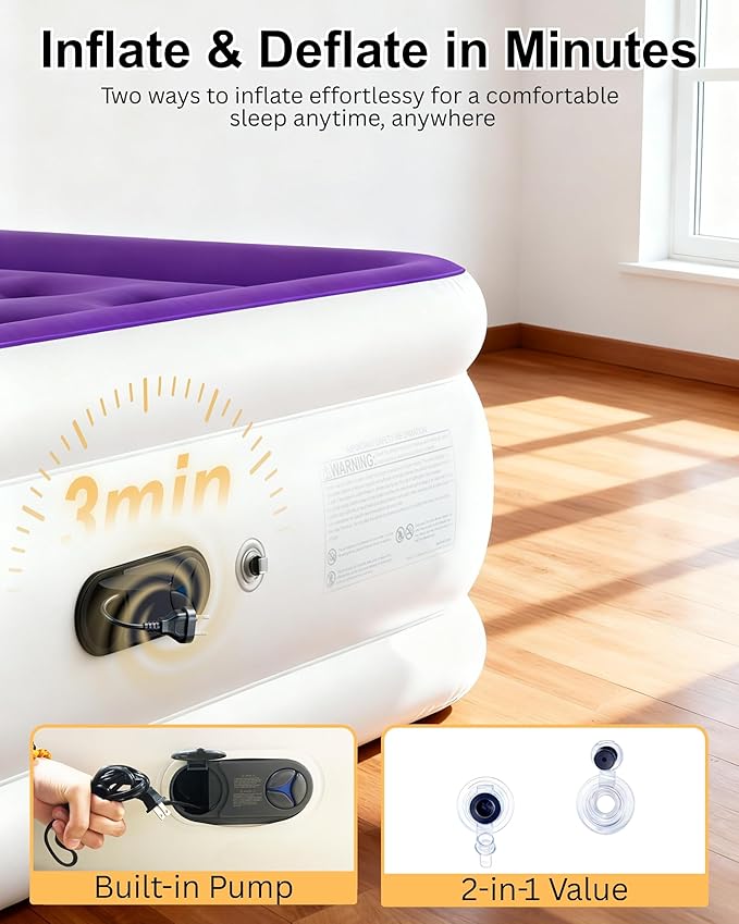 Full Air Mattress with Built in Pump, Inflatable Mattress for Home, Blow up Air Bed 3 Min Quick Inflation and Deflation, Thin Velvet Top, 18'' Full Size Purple
