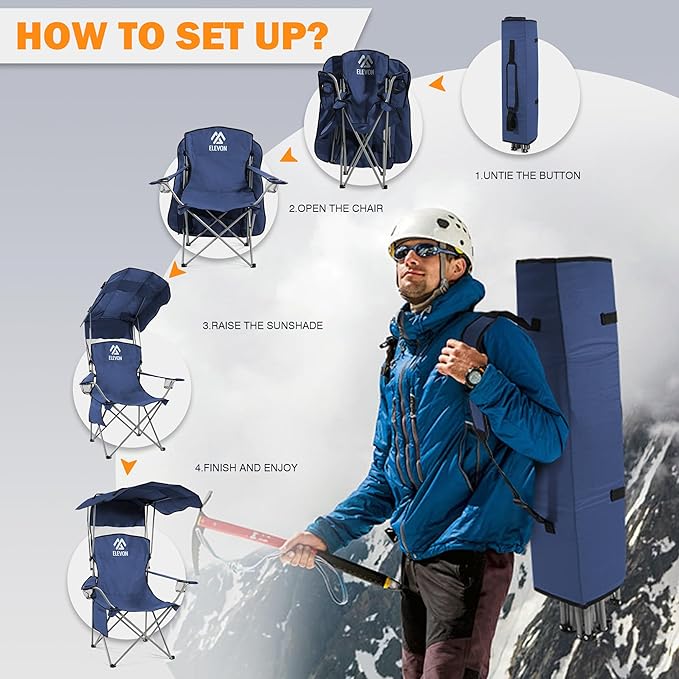 Elevon Camping Chair, Oversized Folding Chair with Canopy, Portable Outdoor Chair with Arms, Cup Holder and Carry Bag for Camping, Fishing, Beach, and Sports, Indigo