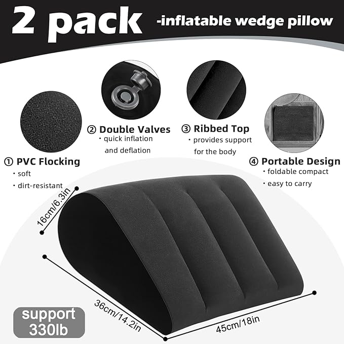 Portable Inflatable Wedge Pillow for Sleeping - 2 Pack Body Positioner for Body Support,18in Adjustable Camping Cushion,Lightweight Bed Back Elevation Partner Traveling Pillows,Fast Inflation Wedges