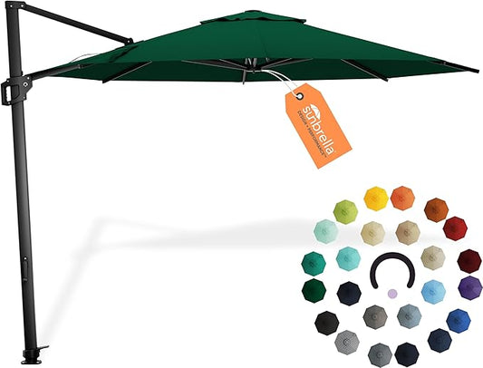 Midtown Umbrellas The Grande Round 10 FT Outdoor Cantilever Patio Umbrella w/Sunbrella Forest Green Acrylic Fabric - 8 Rib Aluminum Frame Offset w/Tilt And 360° Rotate Pedal System - Black Frame