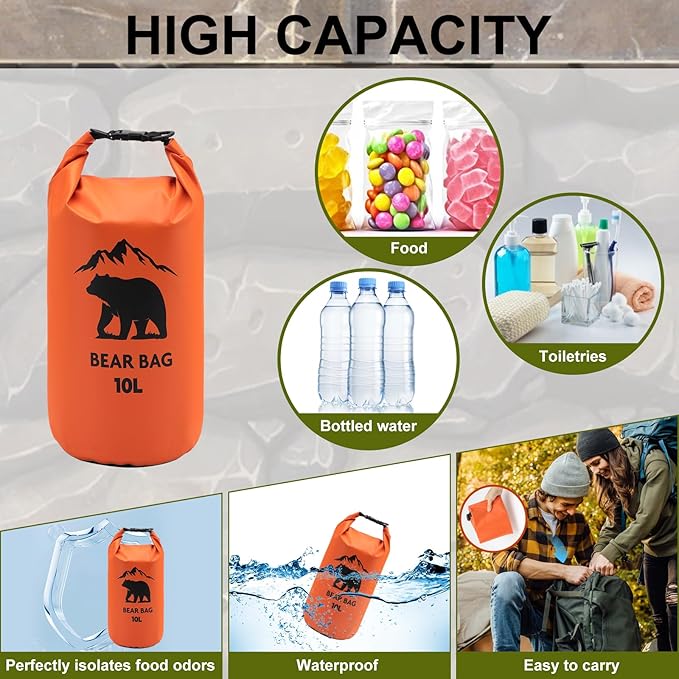 1 Set Bear Bags for Food Backpacking 10L Bear Food Bag Hanging System Bear Proof Food Storage Includes Waterproof Bear Bag, Rock Pouch, Hooks and Nylon Ropes for Camping Hiking (10 L, Orange)