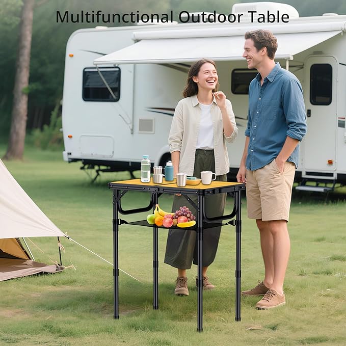 2ft Camping Table Foldable with Storage Net, 3 Adjustable Heights Aluminum Small Folding Table, Lightweight, Portable Handle, for Travel Outdoor Beach Camping Picnic, 23.2" x 16", Yellow
