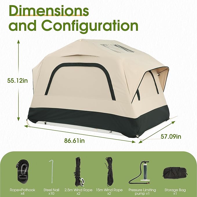 HOMEFUN Inflatable Rooftop Tent for Car Truck, 2 Person Roof Tent with Waterproof 300D Fabric, Windproof Design for Overlanding and Outdoor Adventure,Easy to Set Up