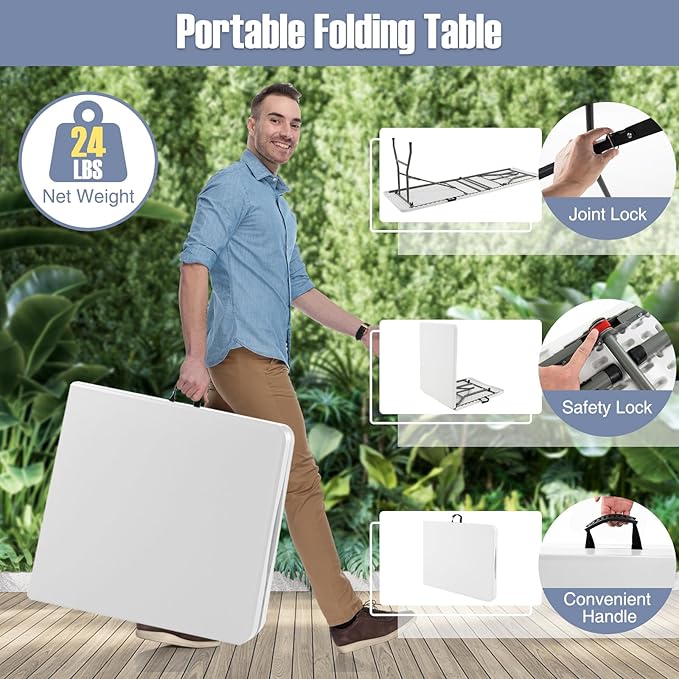 Folding Table, HDPE Portable Table with 6 ft Long Tabletop, Metal Frame Picnic Camping Table with Safe Lock, Collapsible Dining Table for Camping, Picnic, Party (White, 6 FT)