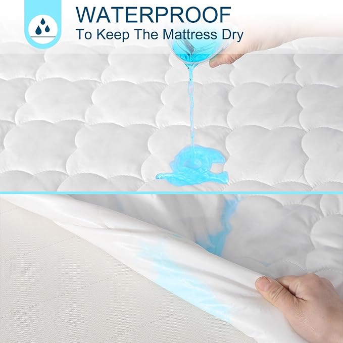 Full Air Bed Mattress Pad with 15-24 Inch Deep Pockets - Waterproof Protector for Warm Sleep & Cold Air Insulation,Perfect for Camping, Guest Bed, Pets & Overnight Visitors-White