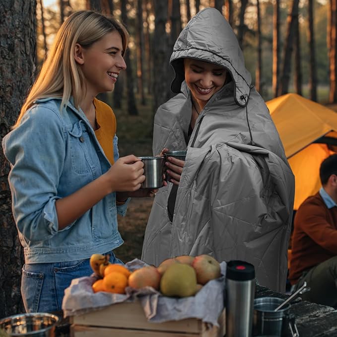 Outdoor Waterproof Blanket, Foldable Fleece Stadium Blanket for Outdoor Sports Event, Camping, Car, Pet, Picnics - Windproof, Wearable, Machine Washable 80" x 58" (Smoky Gray,Hooded)