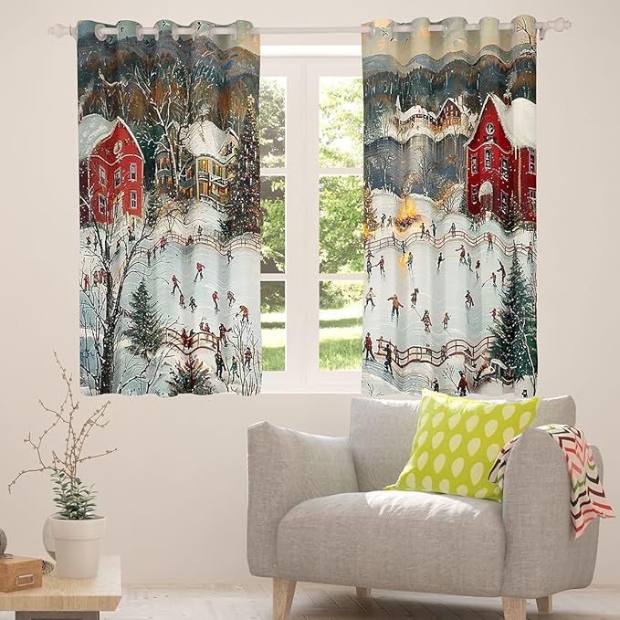 Manfei Skating Blackout Curtains,Winter Sport Game Ice-Skating Window Drapes,Ice Skate Pine Snow Natural Nursery Bedroom Playroom Decor,Green 2 Panels,42Wx63L inch