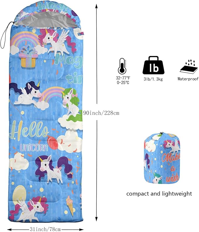 Kids Sleeping Bag for Boys Girls,Cartoon Blue Unicorn Print-Lightweight Warm Portable Outdoor Indoor-Waterproof Cold Weather Resistant Sleeping Bag for Camping Hiking