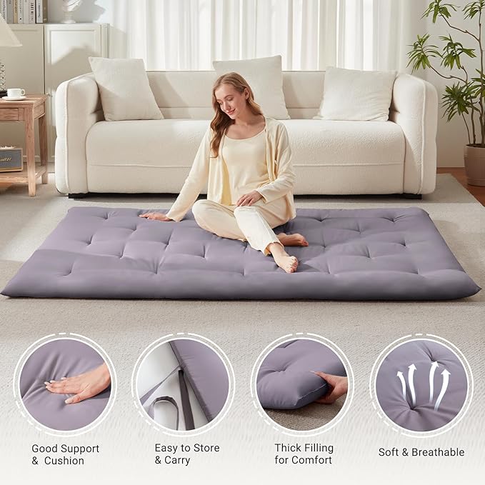 Japanese Floor Mattress, Futon Mattress Full Size 54"x 80", 2.56" Thicken Tatami Mattress, Portable Foldable Floor Bed, Roll Up Futon Cushion, Suitable for Camping Guest Room Dormitory (Grey)