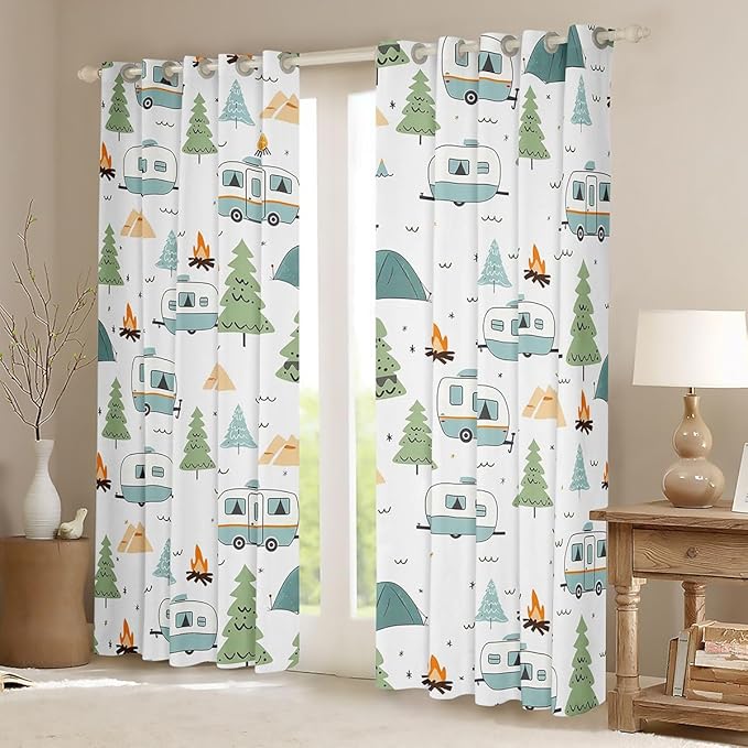 jejeloiu Camper Curtains for Bedroom Living Room Happy Camping 30%-50% Blackout Shades Cartoon Camping Car Room Darkening Curtain Window Treatments, 2 Panels 42 x 63 Inch Decor