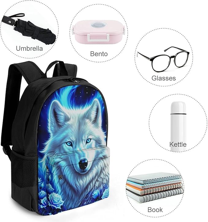 Polyester Daypack Bookbag for Gym Business Bicycle, Large Capacity Multipurpose Anti-Theft Carry On Bag, White Galaxy Wolf With Blue Rose Travel Hiking Daypack