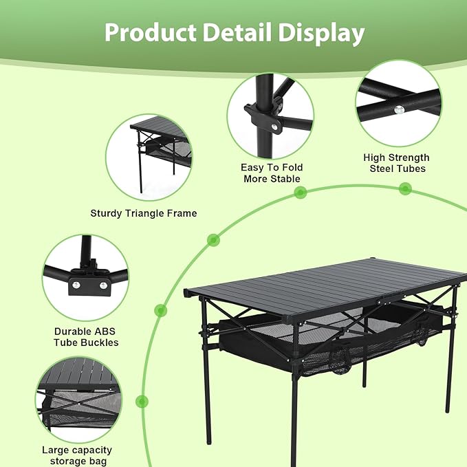 Nice C Portable Folding Camping Table, Aluminum Lightweight Roll-up Top Indoor&Outdoor Table, with Mesh Net, Cup Holder, Carry Bag, Steel Frame, for Camping, Sports, BBQ, Picnic (Black)