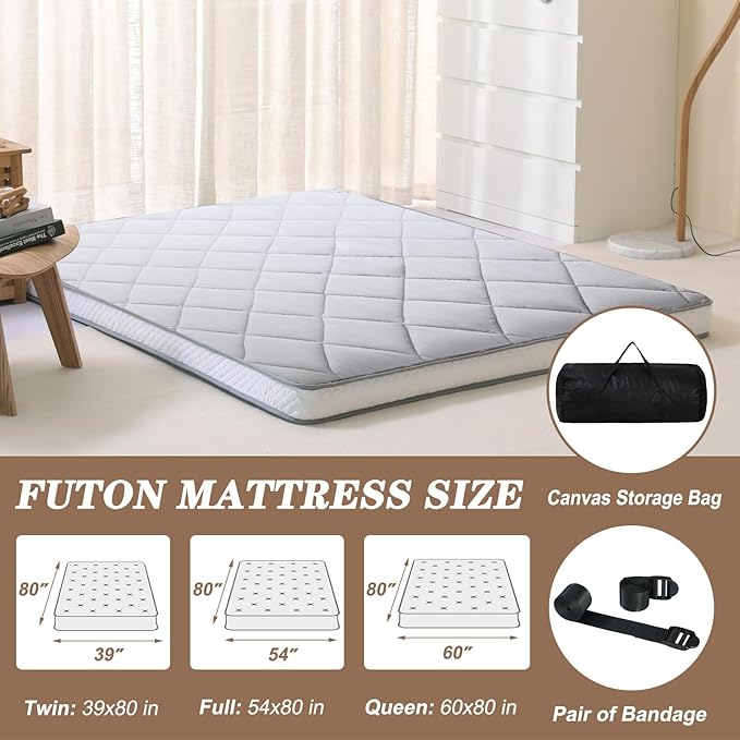DoCred Full Size Futon Mattress, Extra Thick Foldable Japanese Floor Mattress Memory Foam Sleeping Pad for Adults - Roll Up Mattress Tatami Mat Folding Sleeping Pad Breathable Floor Lounger Guest Bed