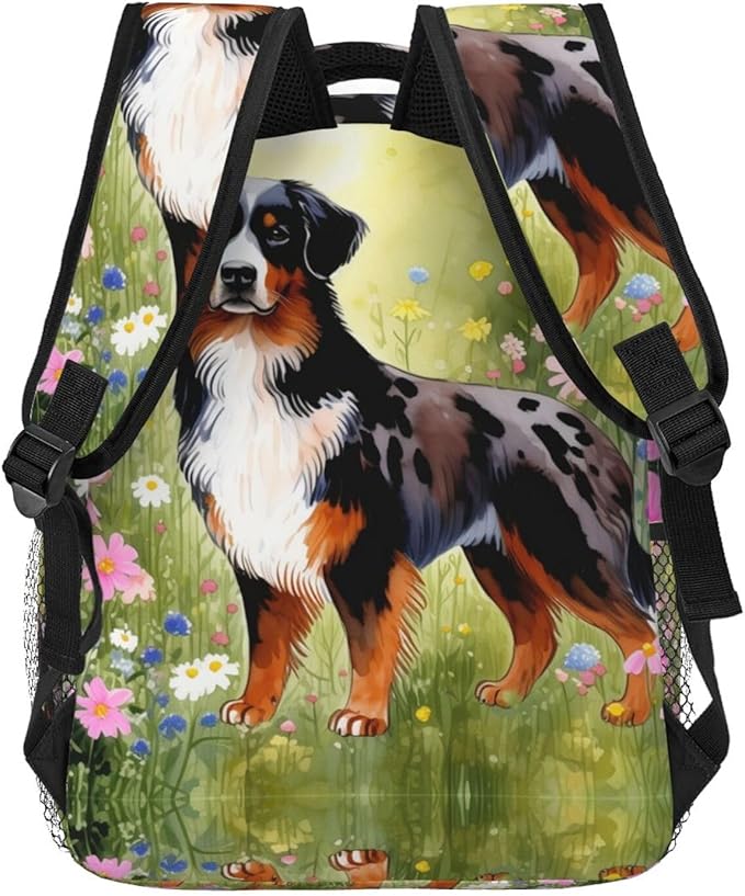 Rucksack Polyester Anti-Theft Multipurpose Shetland Sheepdog Dog Watercolor Pink Flower Art Bookbag Big Capacity Travel and Sport Backpack Rucksack With Side Pockets