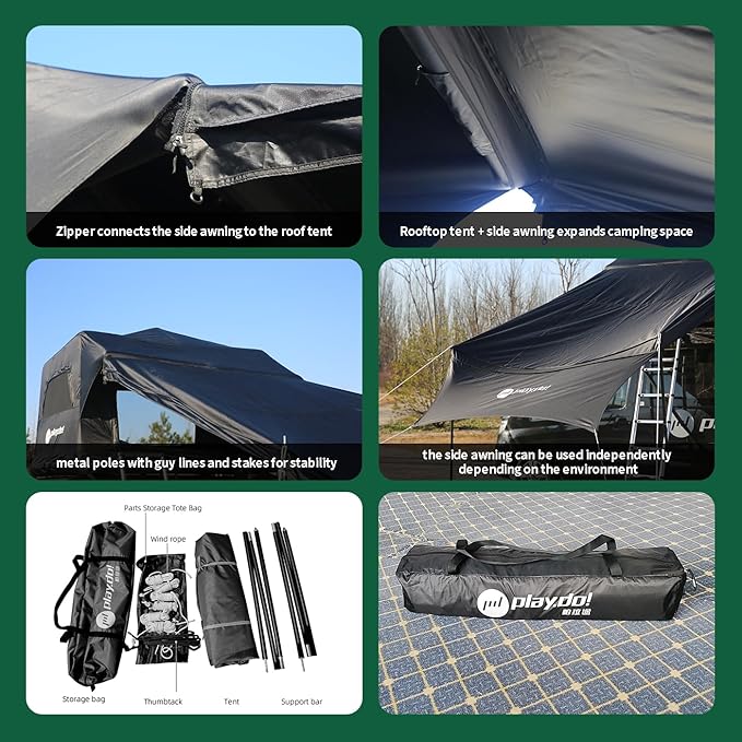PlayDo Inflatable Rooftop Tent Easy Setup Camping Tent for The Roof of Sedans Pickup Blow Up Roof Top Tents SUV Truck Van Glamping Tent with Porch, Strip Light for 2-3 Person