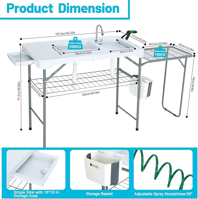 Nice C Fish Cleaning Table with Sink, Fish Skinning Table with 2 Sinks, w/Side Table, Faucet & Spray Nozzle, Toolkit, Portable Cleaning Station for Fishing, BBQ, Camping, Backyard Prep (White)