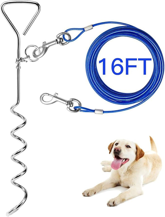 EvilplanDog Tie Out Cable and Stake, 16ft Outside Dog Leash&Chain for Camping and Yard, 16'' Heavy Duty Anti Rust Spiral Stake for Medium-Large Dogs Up to 125 lbs