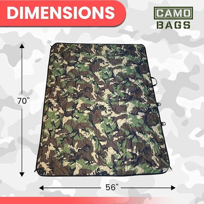 Outdoor Packable Camo Blanket - 1000D Polyester Interior & RIPSTOP Fabric Exterior Blanket with Adjustable & Removable Carrying Strap - Front, Back Storage Pocket - Ideal for Camping & Outdoor Use