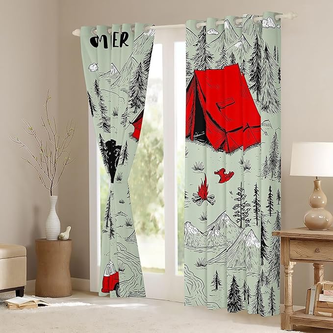Feelyou Green Camper Camping Curtains for Bedroom Living Room Rustic Farmhouse Bear Blackout Darkening Drapes Happy Camping Window Treatments, 2 Panels 38 x 54 Inch Room Decor