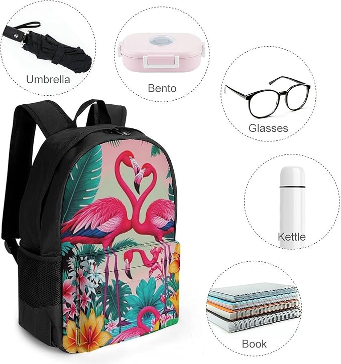 Supdreamc Daypack Backpack Polyester Anti-Theft Multipurpose Flamingos Flower Palm Pink Summer Holiday Bookbag Big Capacity Travel Hiking Camping Rucksack With Smooth Zippers