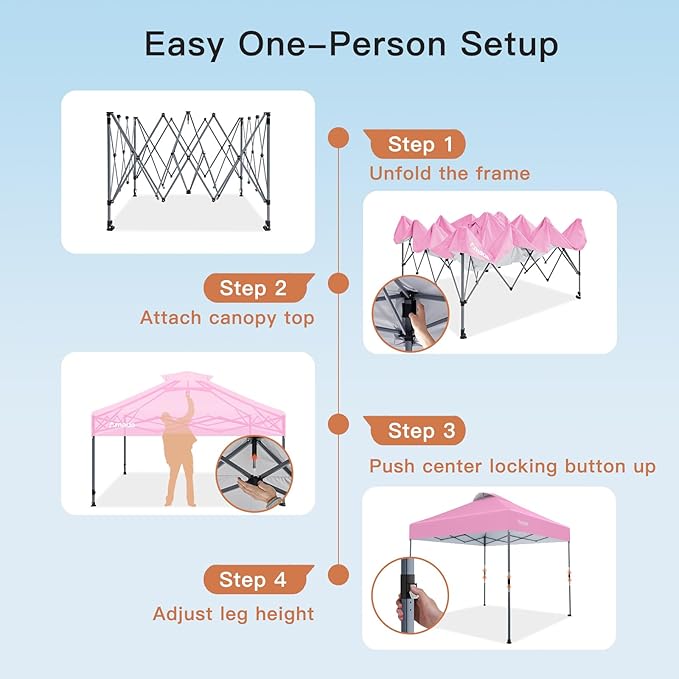 Amada 10x10 Pop Up Canopy - Center Lock One Push Instant Setup Gazebo Outdoor Canopy Beach Tent with STO-N-Go Bag 8 Stakes & 4 Sand Bags, 3-Height Adjustable Shade Shelter (10x10ft, Pink)