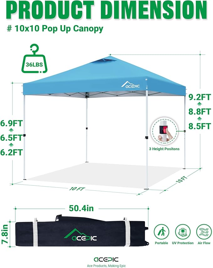 10x10 Pop Up Canopy Tent,300D Silver-Coating Top,Pop Up Canopy Tent Instant Portable Shelter with 1-Button Push and Wheel Carry Bag, 8 Stakes and 4 Upgraded Canopy Weights (Serene Blue, 10x10)