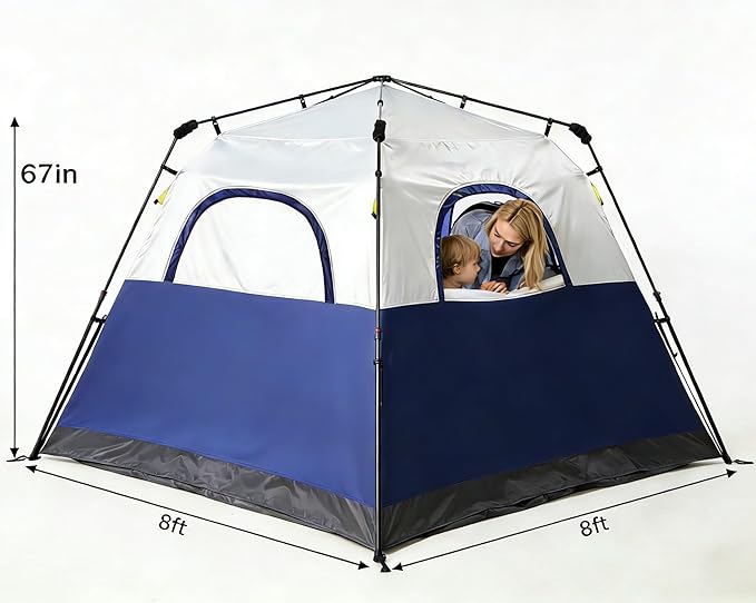 3/4 Person Camping Tent with 1 Door, 4 Windows, and Upgraded Ventilation– Instant Setup, Waterproof, 8'x 8'x 67''Oxford Fabric Floor Pop Up in 60 Seconds Includes Rainfly and Backpack