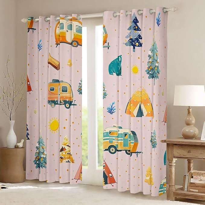 Feelyou Pink RV Camping Camper Blackout Curtains Adventure Camper Darkening Drapes for Bedroom Living Room Decor Happy Camping Thermal Insulated Shades Window Treatments, 2 Panels 38 x 54 Inch