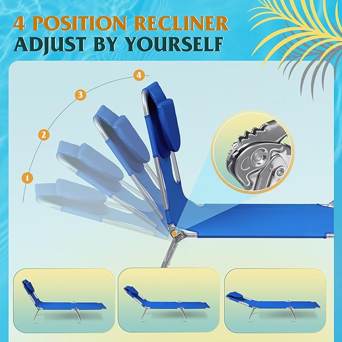 WLIVE Beach Lounge Chair for Adults, 4-Position Folding Tanning Chairs with Face Hole for Outside, 2 Legs Support Portable Outdoor Chair for Beach, Pool, Blue