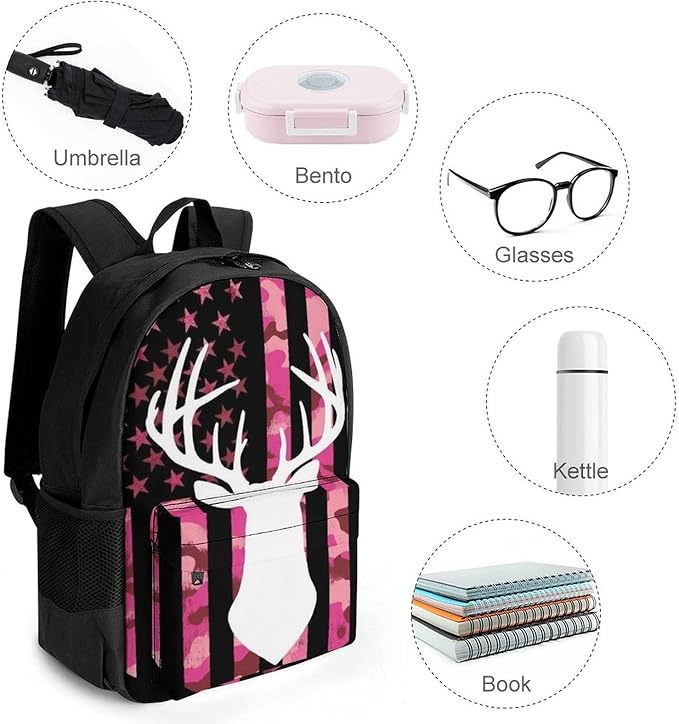 Lightweight Daypack for Camping Business Walking Cycling, Large Capacity Anti-Theft Multipurpose Bookbag, American Flag Camo Funny Deer Hunting Pink Camouflage Gym Outdoor Hiking Backpack