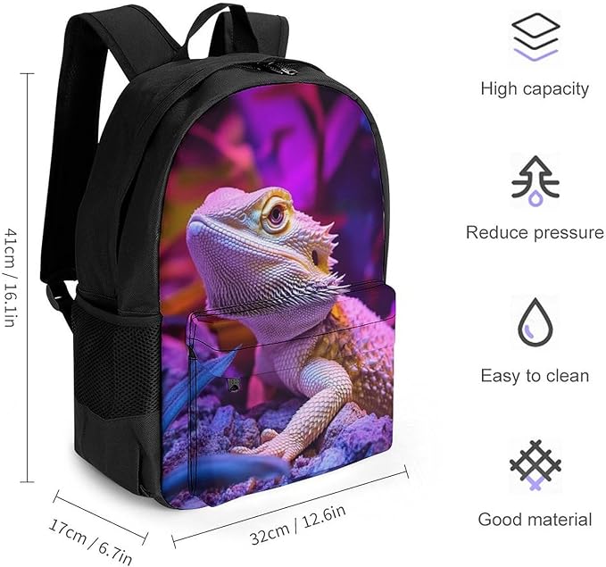 Daypack Backpack Multipurpose Anti-Theft Large Capacity Bookbag, Purple Art Cool Bearded Dragon Lizards Travel Hiking Camping Rucksack With Adjustable Shoulder Straps
