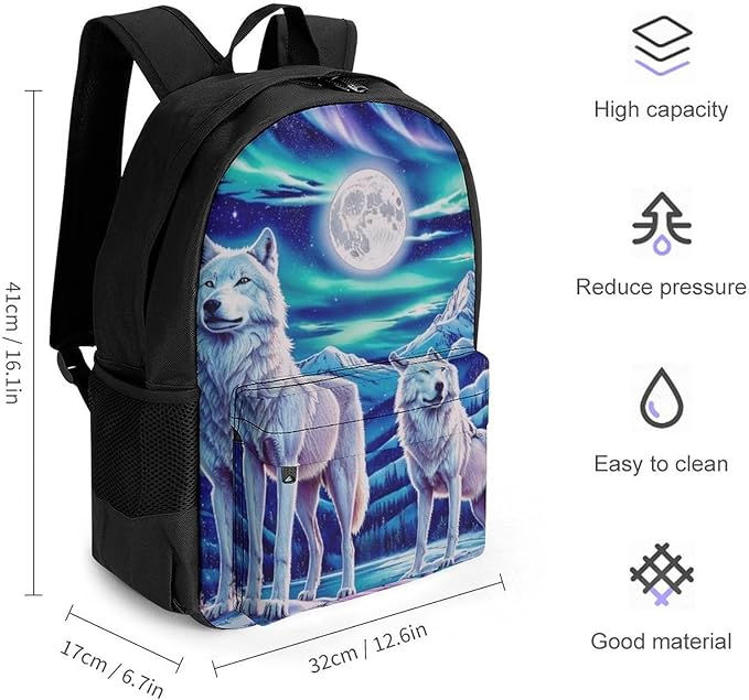 Supdreamc Rucksack Anti-Theft Multipurpose Big Capacity Carry On Bag, Wolves Moon Aurora Art Traveling Camping Backpack With Side Pockets