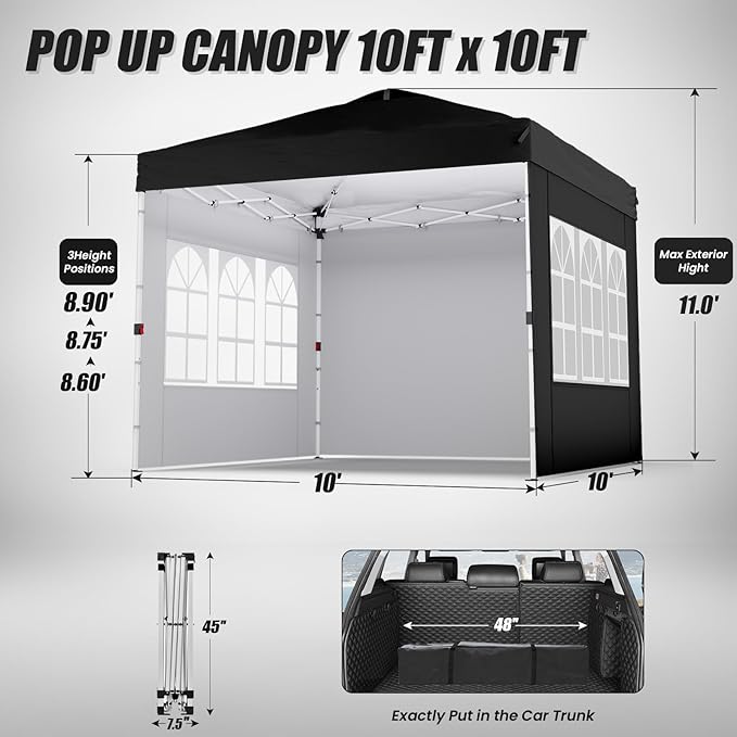 Shades 10x10 Pop Up Canopy with 3 Sidewalls & 4 Sandbags,Heavy Duty Beach Tent with Portable Bag,Sun Shelter for Parties,Events,Outdoor Gazebo with 420D Coated Waterproof Black Fabric