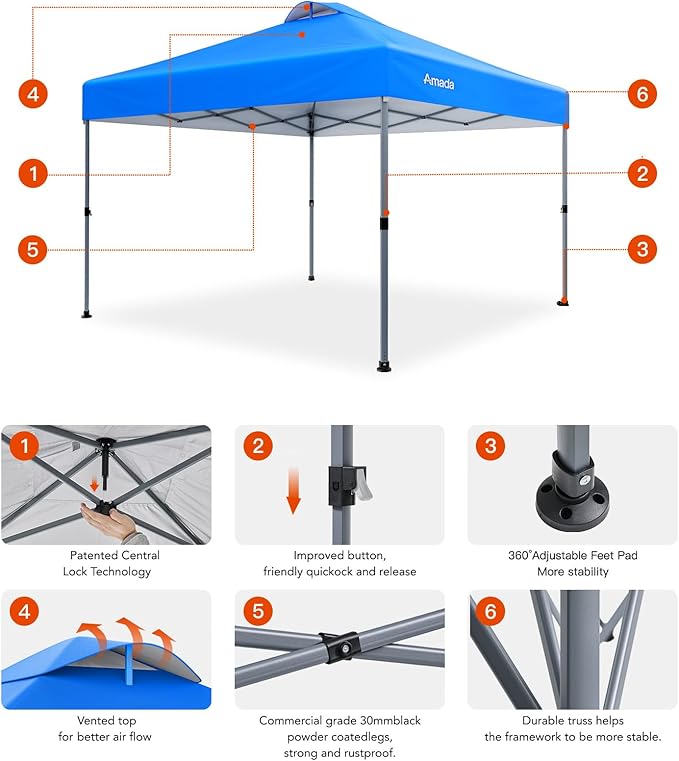 Amada 10x10 Pop Up Canopy - Center Lock One Push Instant Setup Gazebo Outdoor Canopy Beach Tent with STO-N-Go Bag 8 Stakes & 4 Sand Bags, 3-Height Adjustable Shade Shelter (10x10ft, Blue)