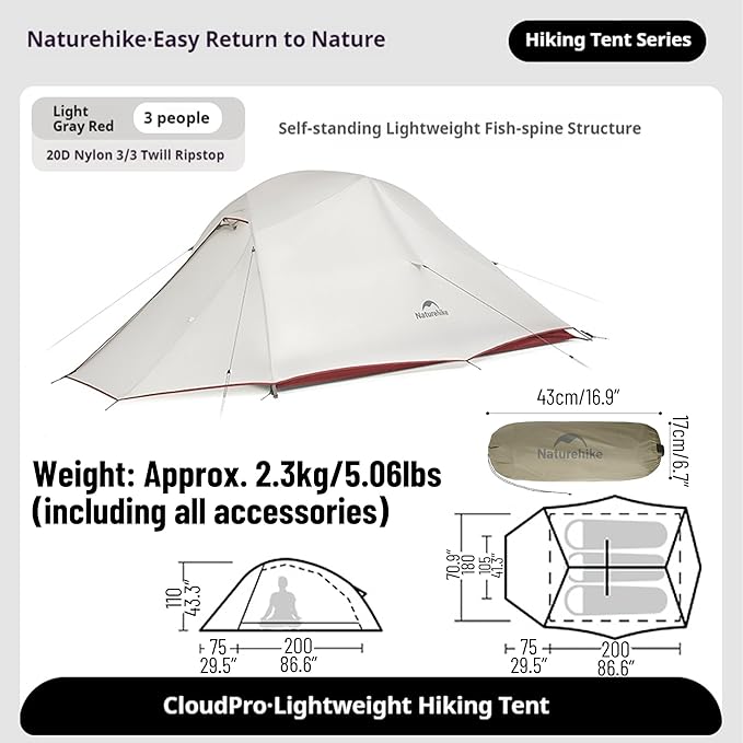 Naturehike Cloud up Pro Camping Tent, 1/2/3 Person Ultralight Tents, 3 Season Backpacking Tent, Waterproof for One Man, Self-Standing Easy Setup for Cycling, Outdoor Camp