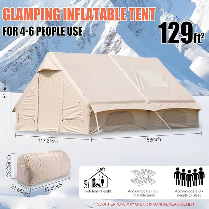 Inflatable Tent, Outdoor Easy Setup Inflatable Tents for Camping, Portable Blow Up Tent with Stove Jack, Cotton Canvas Material for Glamping, for 4 Season, 4/6/8/10 Person Use