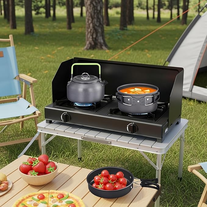 ROVSUN 10pcs Camping Cookware Mess Kit, Lightweight Non-Stick Pot Pan Kettle Set w/Stainless Steel Cup Fork Knives Spoons for Open Fire, Camping, Picnic, Backpacking, Outdoor Cooking