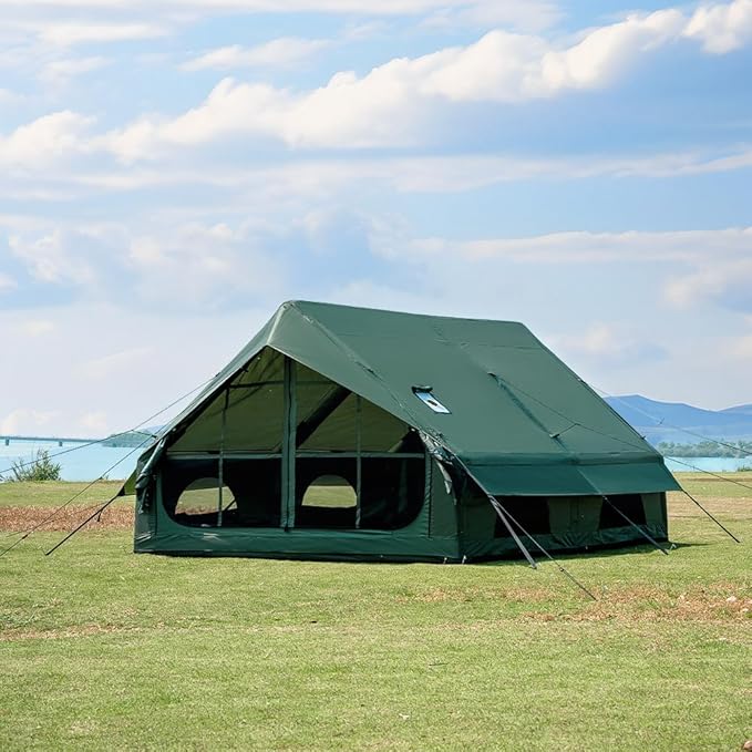 Inflatable Camping Tent with Hand Pump Waterproof Outdoor Blow up Tent Oxford 4 Season Air Tent Cabin House with Mesh Windows & Door 12sq/6sq Green