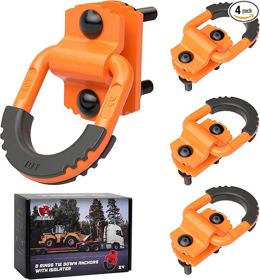 D-Ring Tie Down Anchors with Rubber Isolators, 4 Pack Heavy Duty 10 Ton Capacity Carbon Steel, Bolt-On with Mounting Hardware, Zinc & Powder Coated for Trailer, Truck, Pickup, Garage-Orange
