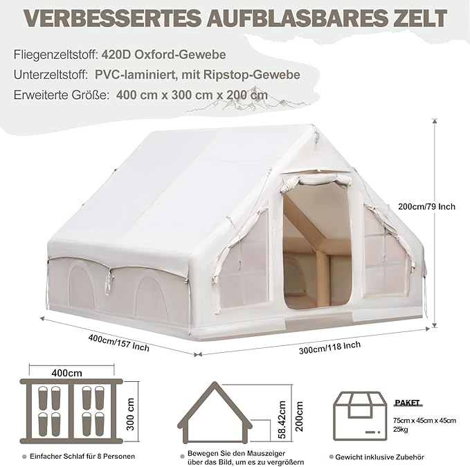 Inflatable Camping Tent, Glamping Inflatable Tent for Camping, 4 Season Water&Windproof Outdoor Oxford Blow Up Cabin Tent with Mesh Windows & Doors for 4-8 People Camping