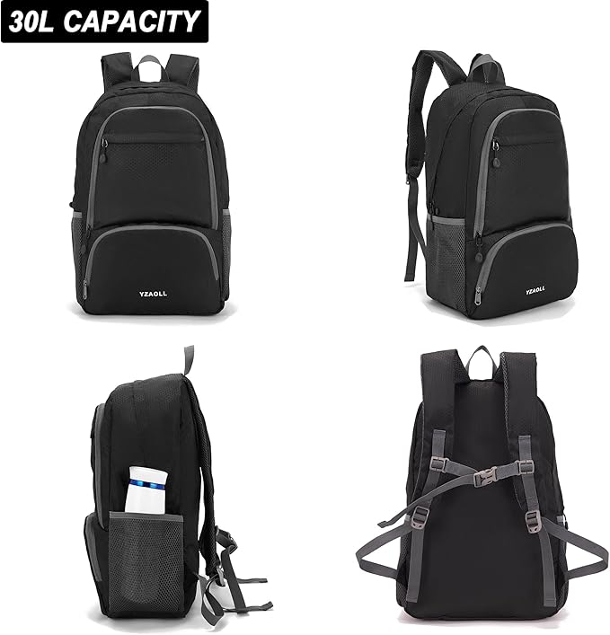 YZAOLL 30L Hiking Backpack Lightweight Day Packs, Packable Backpack for Women Men Travel Camping Vacation,Black