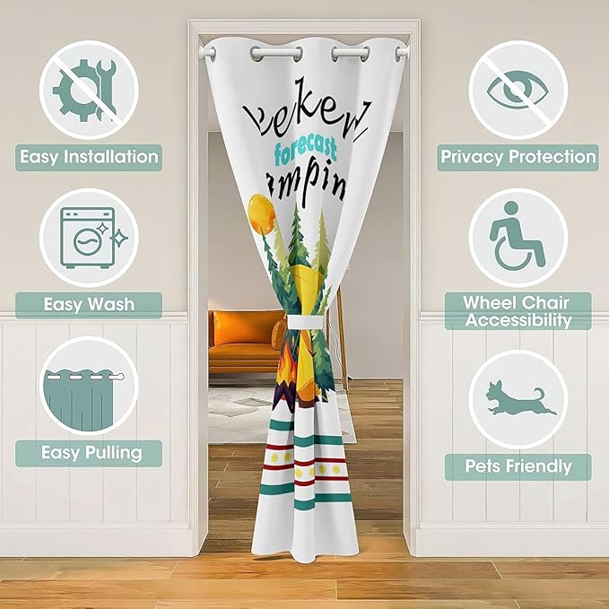 Happy Camping Adventure Door Curtain,Tent Bonfire Campfire Pine Nature Blackout Curtain,RV Camper Trailer Summer Bedroom Doorway Living Room Decor,Rustic Green Privacy Door Drape 1 Panel,52" W X 80" L