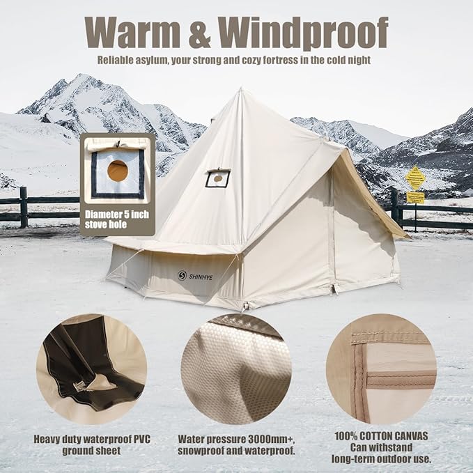 Canvas Bell Tent Yurt Tent 4 Seasons for Camping 100% Cotton Glamping Tents with Stove Jack, Family Camping Outdoor Hunting Party