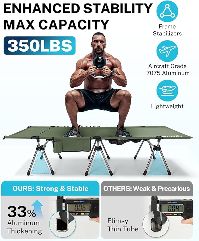 Gonex Camping Cot with Leg Extenders 2 in 1 Portable Ultralight Folding Cot for Adults Adjustable Height Supports 350lbs Sleeping Bed for Backpacking Travel Beach Home 74.8"x27.5"(Army Green, 1 PCS)