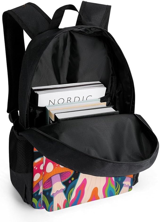 Backpack Polyester Anti-Theft Multipurpose Psychedelic Mushroom Art Bookbag Large Capacity Laptop Book Bag Rucksack With Side Pockets